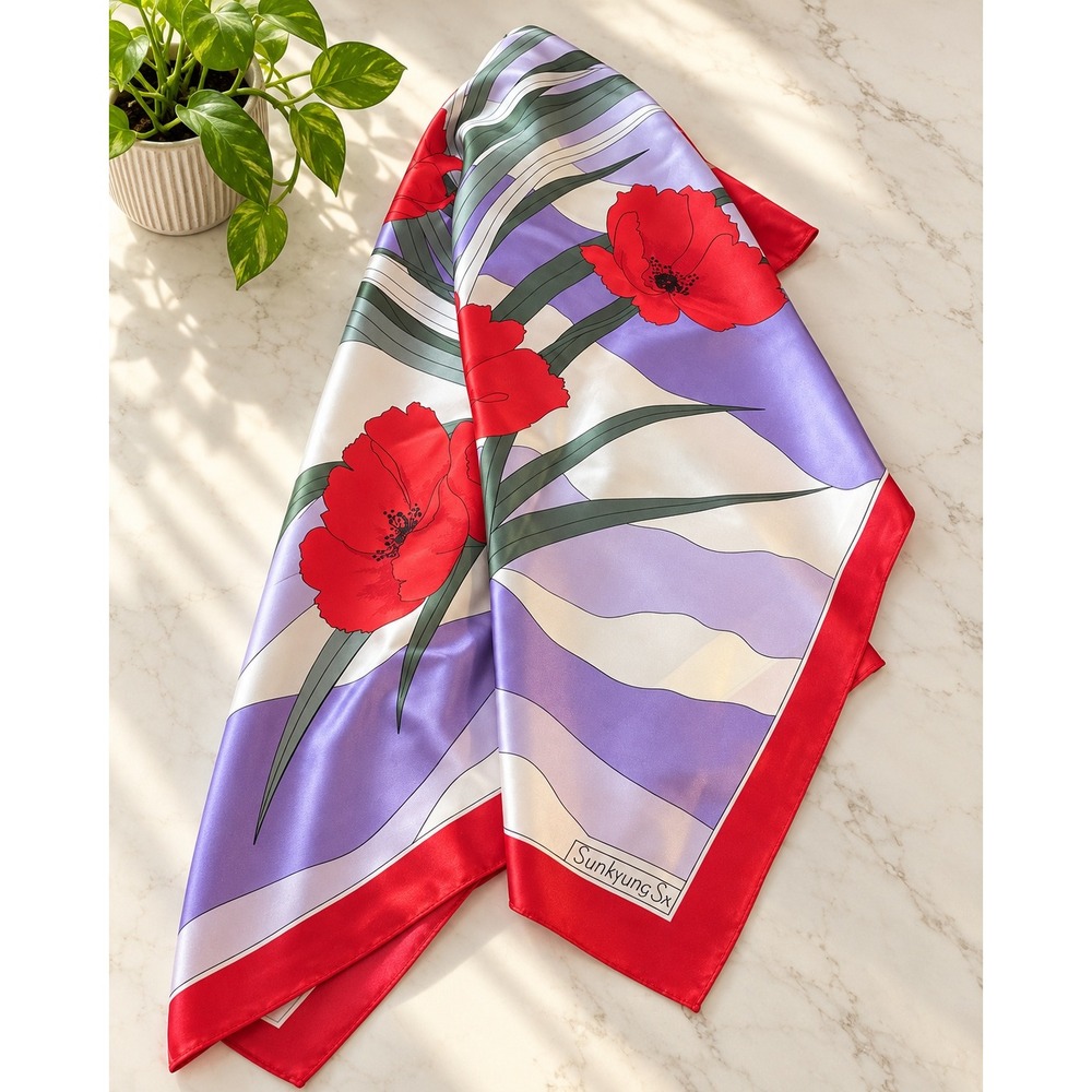 Vintage Sunkyung Sa Korea Red Purple Floral Square Scarf 70s 80s Retro Poppy